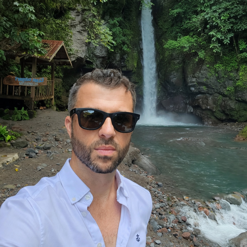 Mark Thomas Firestone visiting a waterfall in Thailand